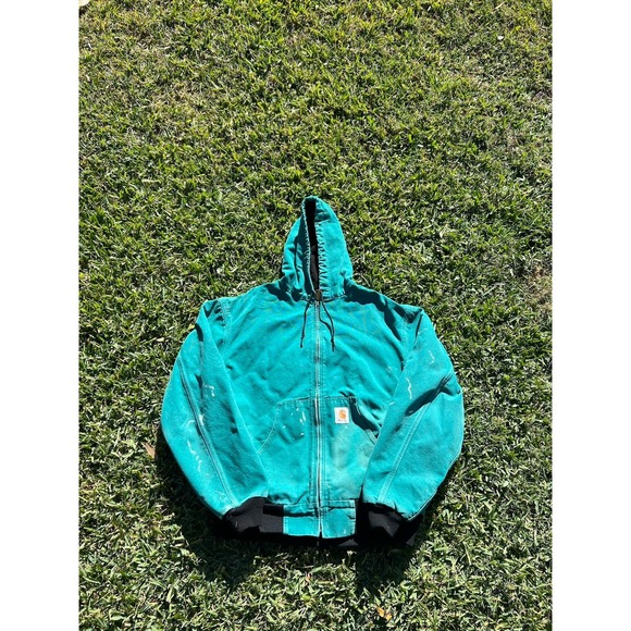Vintage Carhartt J04 AQU Aqua Quilt Lined Hooded Jacket Mens Size XL USA HTF - Picture 3 of 12